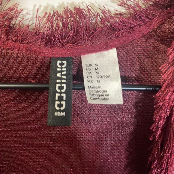 H&M Burgundy Maroon Shaggy Chevron Open Front Karma Jacket Faux Fux Fringe Sz M - Picture 4 of 9